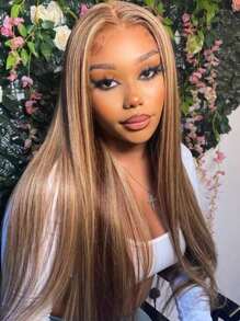 13x4 Highlight Straight 4/27 Ombre HD Transparent Lace Front Wigs Human Hair For Women Pre Plucked 200% Density Brazilian Straight Human Hair Wigs With Baby Hair(24inch, 4/27-Straight)