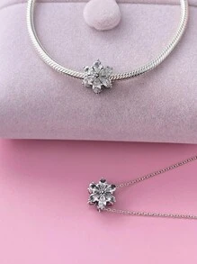 STYFNE 1pc Winter Snowflake Micro-Inlaid Zirconia Beaded Silver Pendant, Suitable For Bracelet DIY, Women Jewelry, Handmade Daily Small Gift