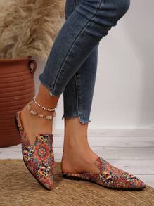 Women's Pointed Toe Slip-On Mule Slippers, Suede Decorated Loafers, Elegant Versatile Open-Back Flat Shoes