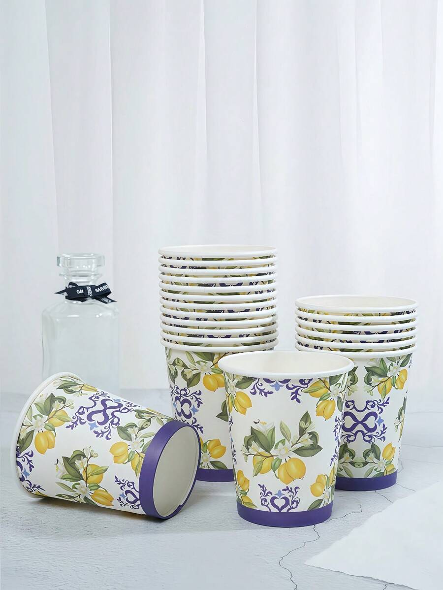 10pcs/25pcs Lemon Themed Disposable Paper Cups With Blue Ceramic Patterns, 9-Ounce/250ml Paper Cups, Disposable Beverage Cups, Disposable Coffee Cups For Birthday Parties, Suitable For Various Parties, Weddings, Homes, Offices, Beverage Cups, Cold Drink Cups, Hot Tea Cups, Coffee Cups, Dining Cups, Birthday Party Supplies And Accessories - Multicolor - View 1