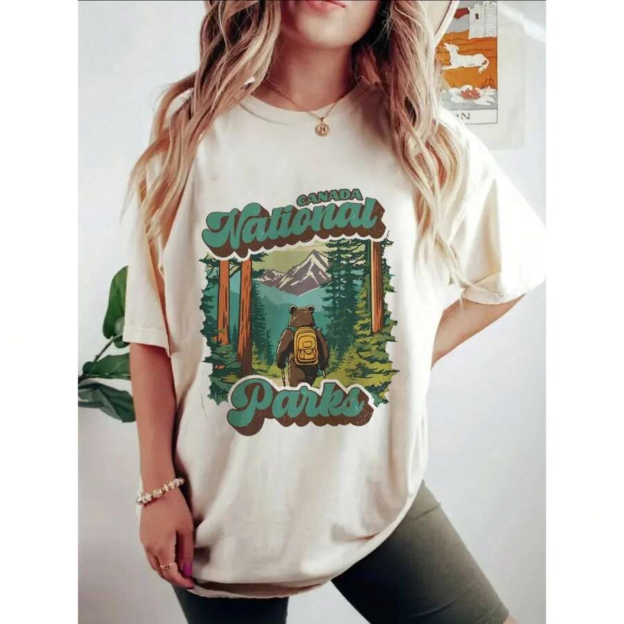 Women's Casual Clothing Mountain Adventure Pattern T-Shirt Cute 90s Sweet Women's Short Sleeved Printed Clothing T-Shirt. - 白色 - 查看 1