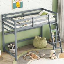 Twin Size High Loft Bed With Inclined Ladder, Guardrails,Grey