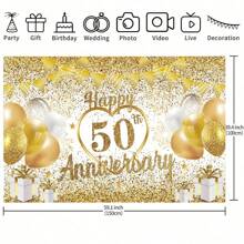 1 pièce, décoration de toile de fond pour le 50e anniversaire de mariage, blanc et or, "Happy 50th Anniversary" (50e anniversaire de mariage heureux), toile de fond dorée pour photographie, utilisée pour la décoration de la fête du 50e anniversaire de mariage, décoration de la maison, décoration de la pièce, studio de photographie.