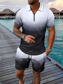 Ensemble 2 pièces casual pour hommes, polo à zip avec imprimé dégradé et shorts d'été, confortable pour le port quotidien casual