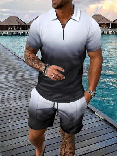 Men's Casual 2 Pieces Set, Summer Ombre Print Zipper Polo Shirt & Shorts, Comfortable For Casual Daily Wear