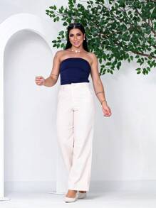 Calça Feminina Wide Leg Bege Claro Em Linho praia  com forro branco fresco social trabalho