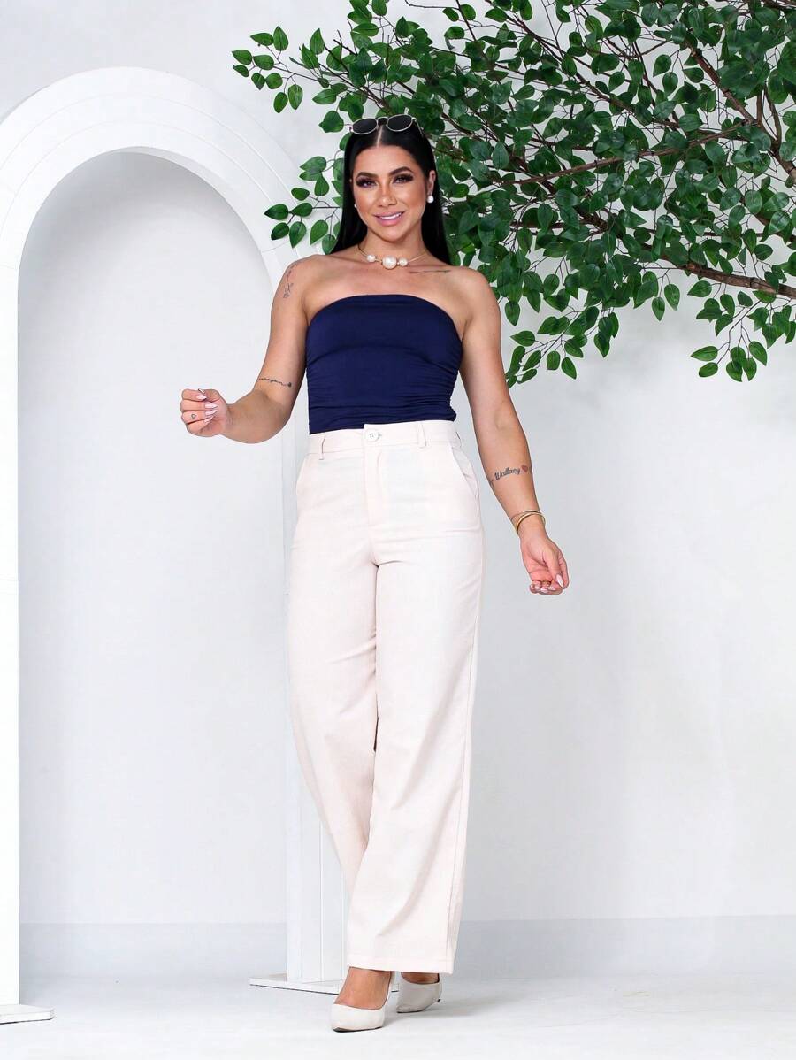 Calça Feminina Wide Leg Bege Claro Em Linho praia  com forro branco fresco social trabalho