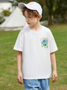 ASK JUNIOR 青少年男孩短袖印花 T 恤，透气运动风格夏季上衣，适合大孩子