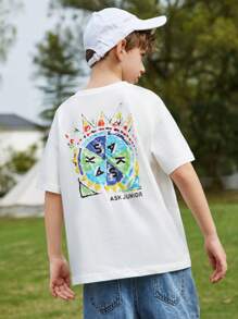 ASK JUNIOR 青少年男孩短袖印花 T 恤，透气运动风格夏季上衣，适合大孩子