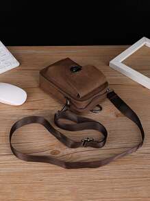 男士新款手机包疯马皮小方包韩版男士真皮单肩斜跨邮差包户外休闲迷你腰挂包带翻盖可系腰带棕色方包 - 棕色 - 查看 9