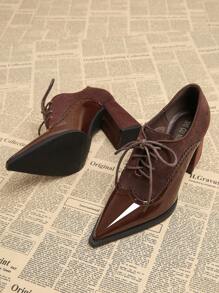 2025 春季新款尖头一脚蹬高跟鞋，优雅简约时尚女鞋，棕色系带布洛克雕花花卉图案英式粗跟鞋，四季休闲纯色优质热销 - 棕色 - 查看 4