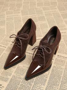 2025 春季新款尖头一脚蹬高跟鞋，优雅简约时尚女鞋，棕色系带布洛克雕花花卉图案英式粗跟鞋，四季休闲纯色优质热销 - 棕色 - 查看 2