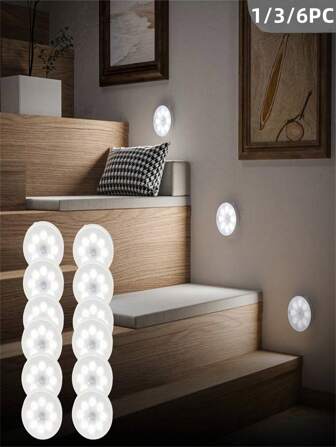 1 pieza/3 piezas/6 piezas Luces nocturnas con sensor de movimiento inteligente - Blanco cálido y frío, brillo ajustable, recargable por USB para escaleras, mesita de noche, bajo el gabinete y armario (250mAh)