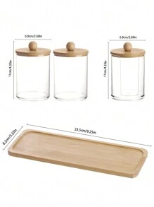 4pcs Cotton Swab Holder Set - Bathroom Storage Organizer, Round Toothpick Holder, With Bamboo Tray, Transparent Pill Bottle With Lid, Cotton Swab Dispenser