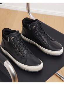 SHOESMALL Men's Leather Casual Black Shoes High Top Fashion Sneakers For Men - AMY5140-黑色 - 查看 1