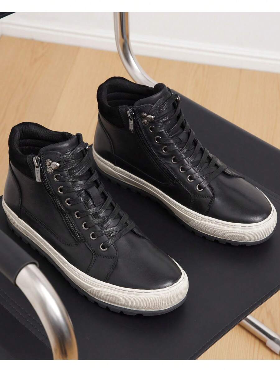 SHOESMALL Men's Leather Casual Black Shoes High Top Fashion Sneakers For Men - AMY5140-黑色 - 查看 1