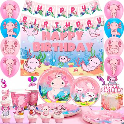 FRUITFUL PARTY. Axolotl Birthday Decorations Party Supplies,132pcs Axolotl Party Decorations&Axolotl Tableware Set- Axolotl Party Plates Napkins Tableclot Backdrop Balloons Banner Etc Axolotl Birthday Party Supplies