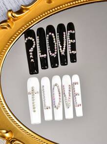 10 件黑白超长手工按压指甲，适合派对和日常佩戴，3D 水钻，适合女孩的 LOVE 字母造型，易于佩戴 10 件 Y2K 超长手工按压指甲，闪亮的人造宝石，适合女孩和女士节日派对、情人节礼物和日常佩戴 - 黑與白 - 查看 2