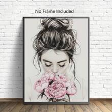 1/4 件女性花卉墙艺术水彩花卉、复古帆布印刷品、手捧鲜花的女性海报、现代抽象女性、帆布墙艺术、女性花卉艺术、女孩房间的审美女性海报、墙壁艺术装饰壁画、家居装饰、海报艺术、帆布墙海报、卧室客厅走廊装饰