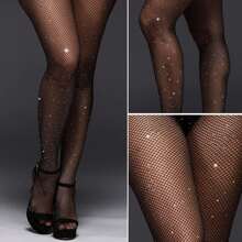Verterosie Rhinestone Women's Pantyhose: Glitter Tights For Sexy Women - High Waist Fishnet Stockings - Black - View 7