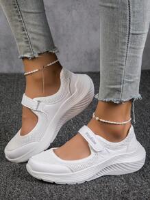 Zapatos de cuña con diseño de para mujer, zapatos simples de estilo balancín con punta cerrada y malla transpirable, de color blanco, adecuados para uso diario y la oficina - Blanco - Ver 4
