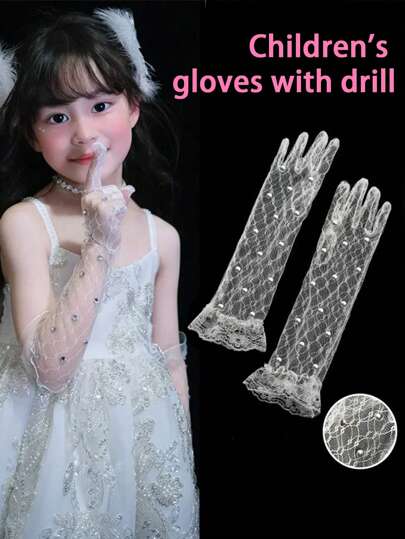 1 Pair Of White Children's Dress Lace With Diamond Gloves, Show, Wedding, Birthday Spring/Summer Gloves