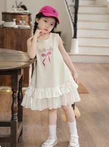 Humor Bear Young Girl Casual Fashion Organza Letter Bow Print Sleeveless Princess Dress, For Summer