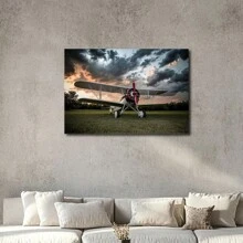 1pc Framed Wrapped Canvas Wall Art Vintage Print Small Airplane On Lush Green Field Canvas Classic Oil Painting Art Home Decor For Living Room, Bedroom, Office