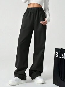 2pcs Teenage Girls Loose Solid Color Casual Outdoor Simple Versatile Straight Leg Pants - Black - View 2