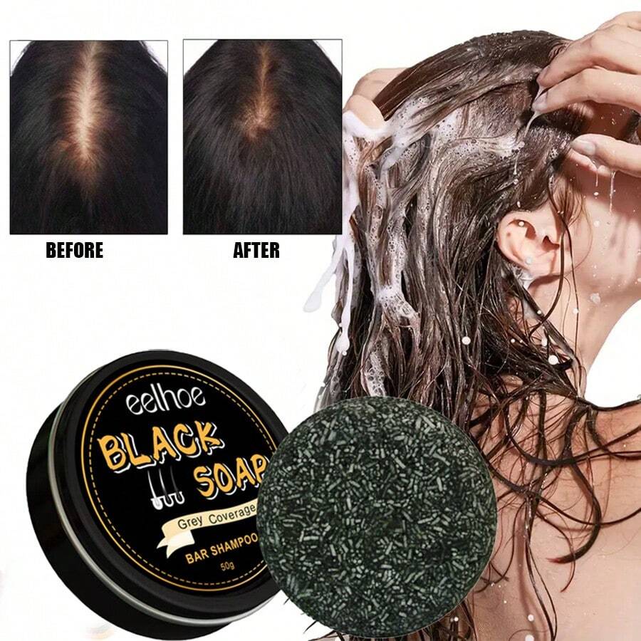 1 pieza Barra de champú negra con He Shou Wu natural, limpieza profunda control de grasa, altamente nutritiva y reparadora, mejora el cabello seco, cubre las canas - Negro - Ver 1