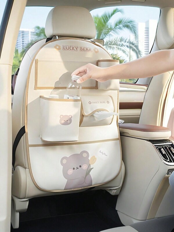 1pc Cute Cartoon Car Seat Back Protector Anti-Dirty Seat Back Children's Anti-Kick Anti-Slip Anti-Stepping Pad Storage Bag Chair Back Storage Bag Multifunctional Can Hold Snacks, Water Cups, Toys, Tissues, Etc. Car Storage Bag Interior Accessories