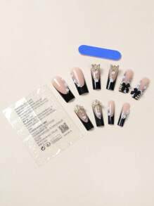 24 件 Y2K 风格指甲长方形按压指甲黑色法式尖头光泽全覆盖假指甲 3D 金属十字架和蝴蝶黑色蝴蝶结假指甲适合女士和女孩 - 包括指甲锉和果冻粘合剂指甲用品 - 黑色 - 查看 4