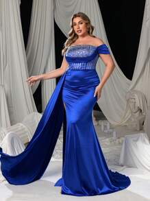 Faeriesty 加上华丽的露肩开叉美人鱼下摆缎面水钻细节礼服和晚礼服、派对礼服、婚礼宾客礼服