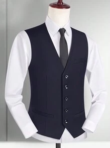 Chaleco azul marino para hombre, chaleco de traje casual elegante negro para hombre, para primavera y otoño - Azul Marino - Ver 1