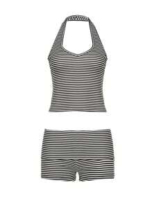Women 2-Piece Summer Outfits Striped Print Backless Halter Neck Tops And Elastic Shorts Club Streetwear Fashion Clothes - 黑色 - 查看 6