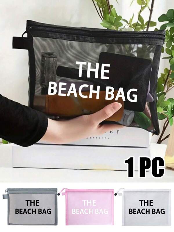 Maestra Mesh Make-up Tasche, Muster mit dem Muster "THE BEACH BAG", Aufbewahrung für Lippenstifte & Puderkissen, durchsichtige tragbare Make-up Organizer Tasche, Kulturtasche Reisebeutel