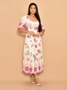 Helena Luxury Midi Dress Lese Embroidered Cotton Short Sleeve - Màu Hoa hồng đỏ - Xem 4