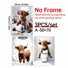 3pcs Scottish Highland Cow Funny Bathroom Print, Farm Animal Humor, Whimsical Highland Cow Lover Gift, Wall Canvas Art, Vintage Western Home Decor , Cottagecore Posters For Room, Funny Wall Decor , Room Decor Aesthetic, Room Decoration Stuff