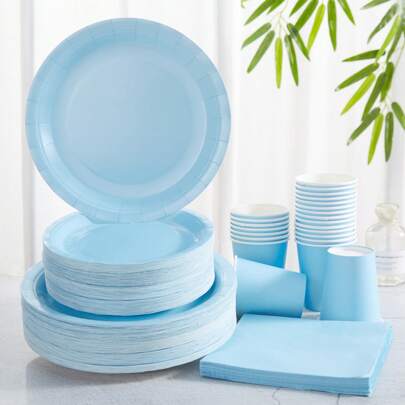 Disposable Sky Blue Plates & Napkins Set, Party Supplies Suitable For 24 Guests, Disposable Paper Plates For Birthdays, Weddings, Parties, Home Picnics