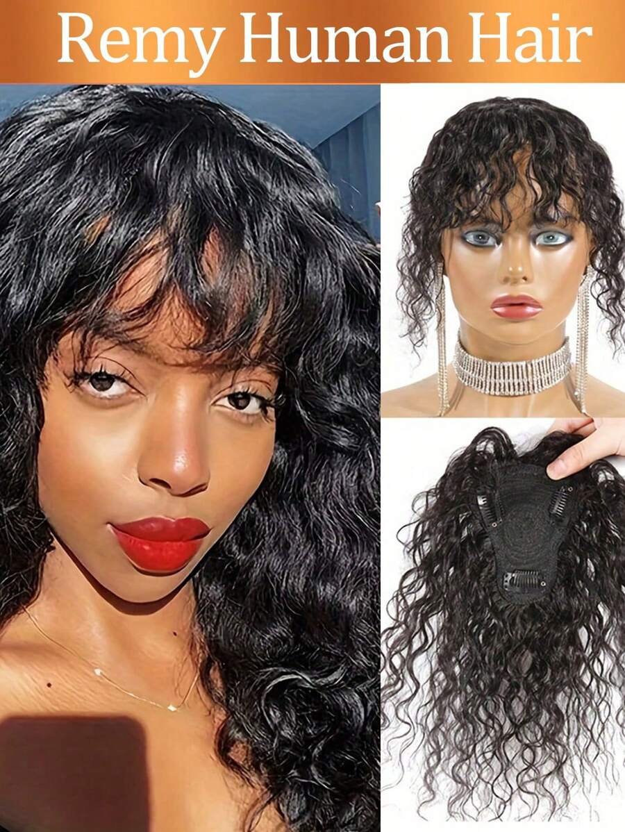 Natural Looking Water Wave Hair Topper With Bangs For Women Brazilian Remy Human Hair Machine Made Base Toppers Clip-In Invisible Extension T-Shaped Options - Natural Black - View 1