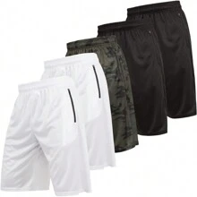 Mens 5 Pack Athletic Running Shorts, Basketball Gym Workout Shorts For Men With Zippered Pockets - 黑白,黑,白,白,綠迷彩 - 查看 1