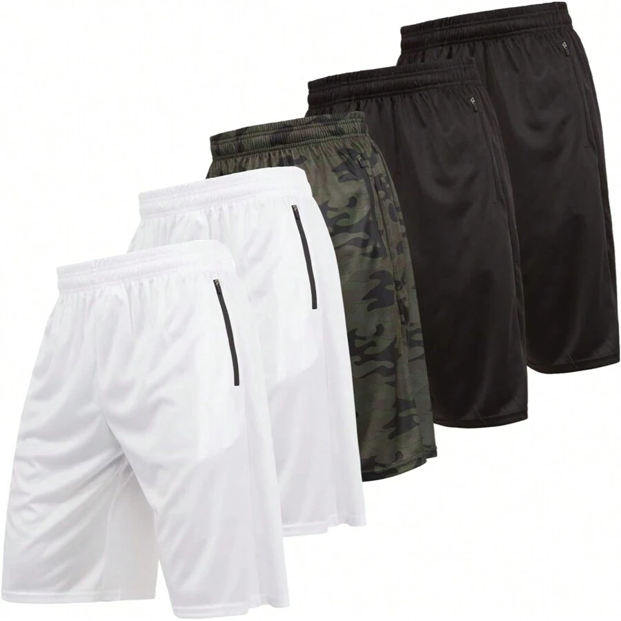 Mens 5 Pack Athletic Running Shorts, Basketball Gym Workout Shorts For Men With Zippered Pockets - 黑白,黑,白,白,綠迷彩 - 查看 1