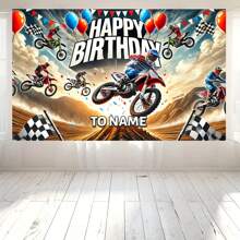 [Customized] Off-Road Motorcycle Birthday Party Banner, Polyester Motorcycle Racing Theme Background, Suitable For Multi-Purpose Decoration, Photo Booth And No-Power Celebration