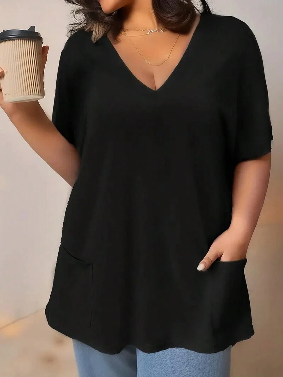 Plus Size Solid Pocket T-Shirt, Casual V-Neck Short Sleeve T-Shirt, Women Plus Size Clothing - Black - View 1