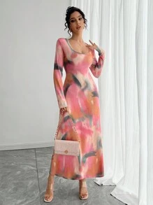 Váy bó sát in họa tiết tie-dye thời trang thu đông cho nữ, cổ tròn, tay dài, eo chun, chân váy xòe, thanh lịch và gợi cảm cho các bữa tiệc, buổi tụ họp, ngày lễ tình nhân - Màu Hồng baby - Xem 5