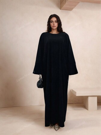 049 Quality Corduroy Split Sleeve Shift Dress,Modest