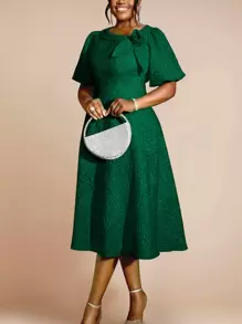 Women's Jacquard Commuter Embossed Elegant 3D Floral Puff Sleeve A-Line Dress, Suitable For Cocktail Party, Graduation Ceremony, Birthday, Wedding Guest, Prom, Formal Dinner, Homecoming And Other Occasions - Green - View 1
