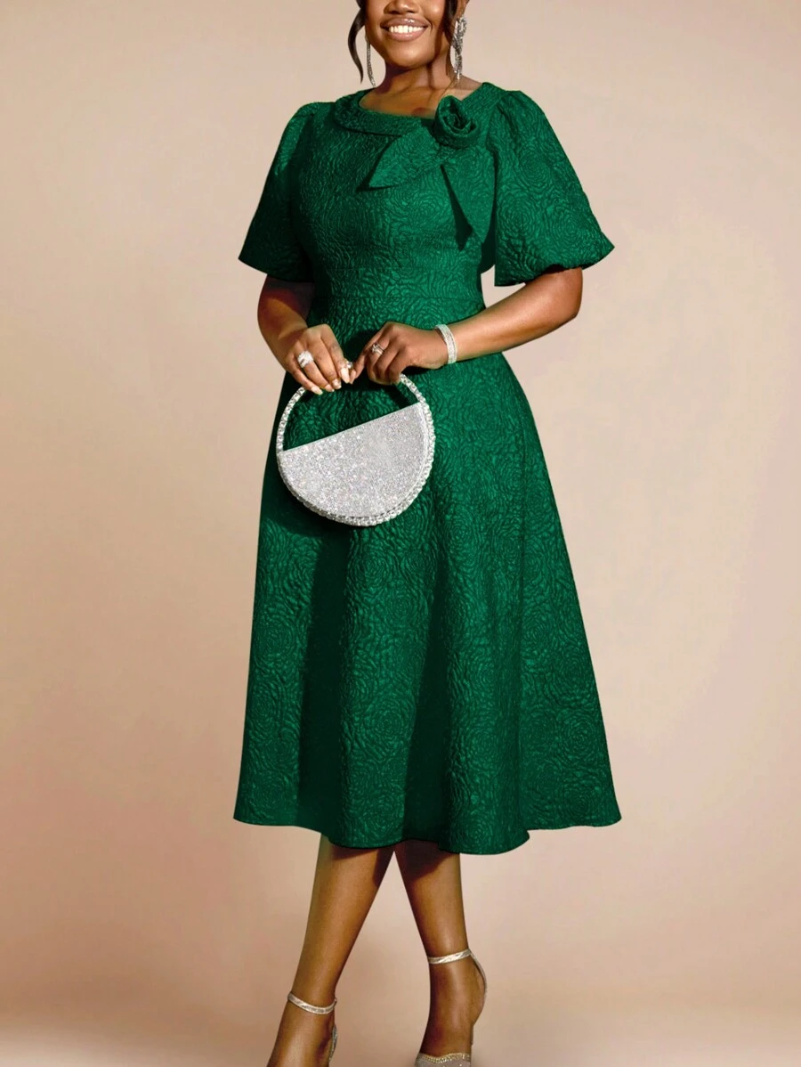 Women's Jacquard Commuter Embossed Elegant 3D Floral Puff Sleeve A-Line Dress, Suitable For Cocktail Party, Graduation Ceremony, Birthday, Wedding Guest, Prom, Formal Dinner, Homecoming And Other Occasions - Green - View 1