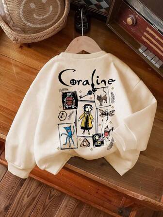 Suéter oversize con cuello redondo y estampado de dibujos animados para niñas preadolescentes, ropa informal y elegante para niñas/adolescentes, 1 sudadera con capucha de manga larga con estampado, que proporciona una prenda superior cómoda, de moda y casual para otoño e invierno para niñas jóvenes/adolescentes