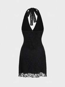 2025 New Arrival Vintage American Style Elegant Lace Halter Wrap Backless Deep V-Neck Bodycon Mini Dress With Rose Decor, Mature Sexy Fit & Flare Cocktail Party Dress, Holiday Summer